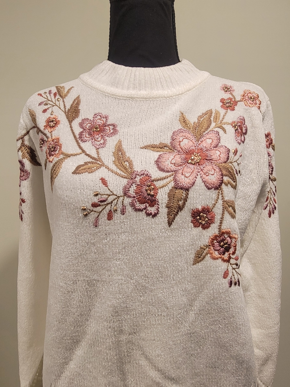 Alfred Dunner Ivory Crewneck Sweater with Pink and Brown Floral Embroidery